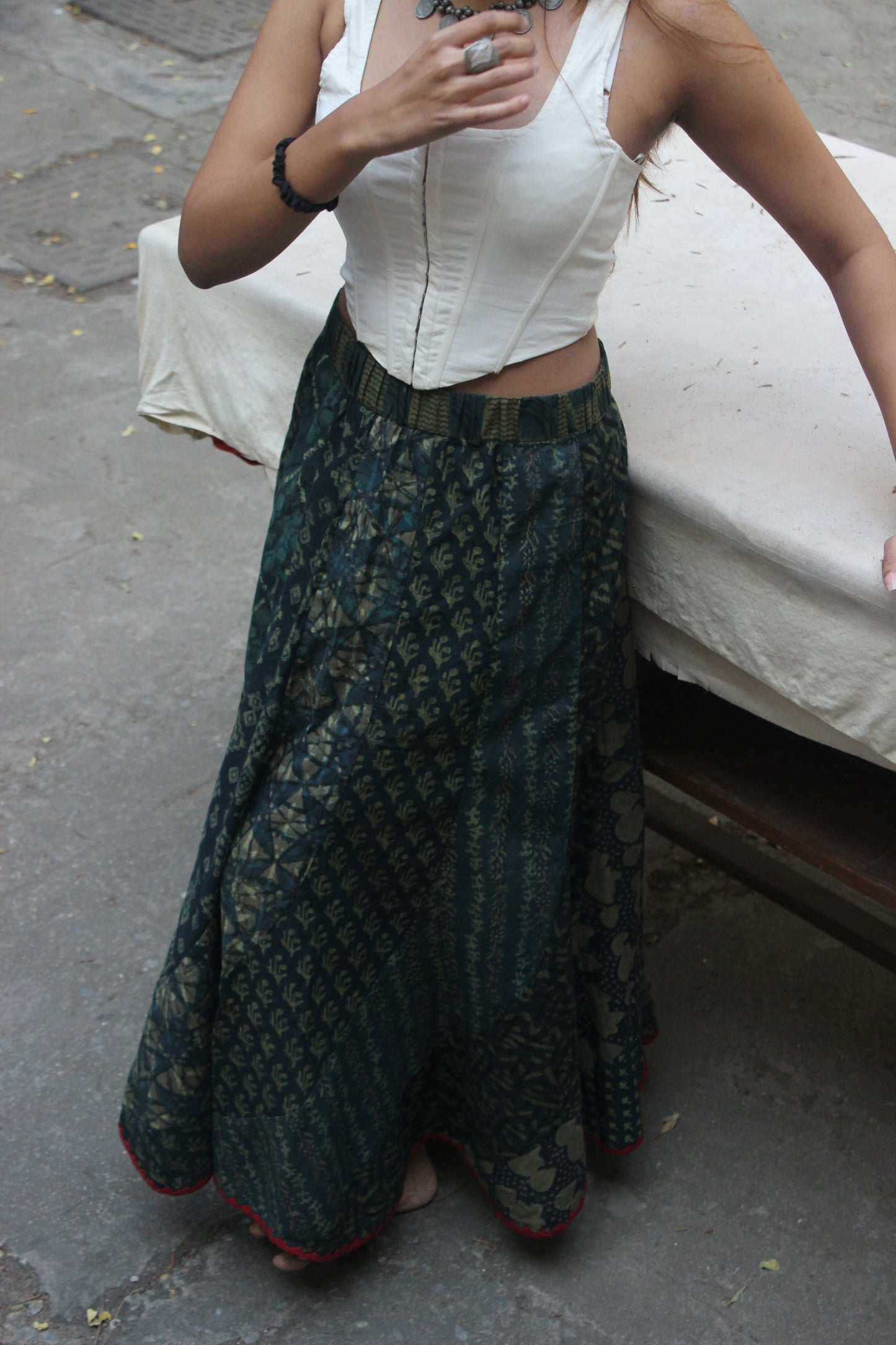 Handcrafted Block-Printed Cotton Skirt - Green