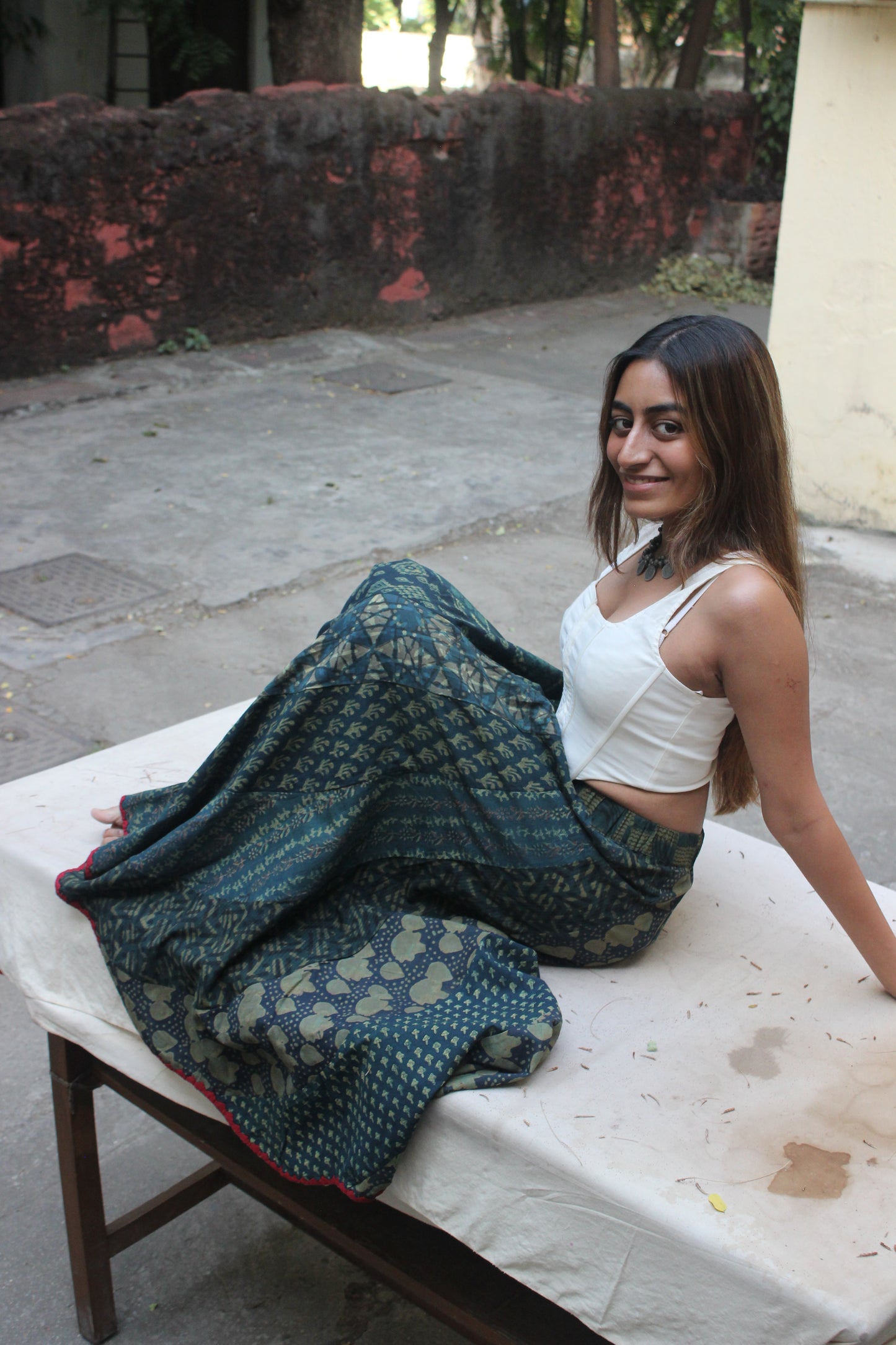 Handcrafted Block-Printed Cotton Skirt - Green