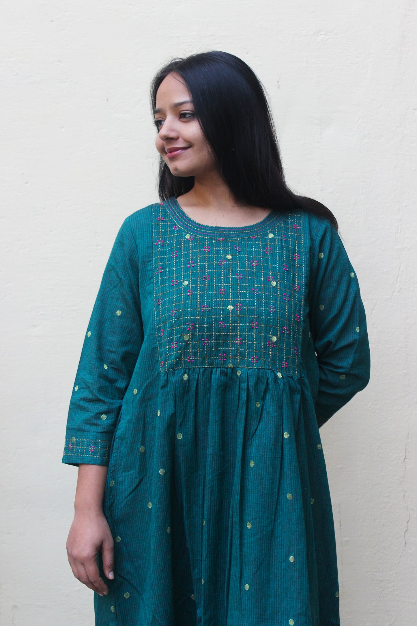 Cotton Hand embroidered Golden Buti Kurta - Turquoise