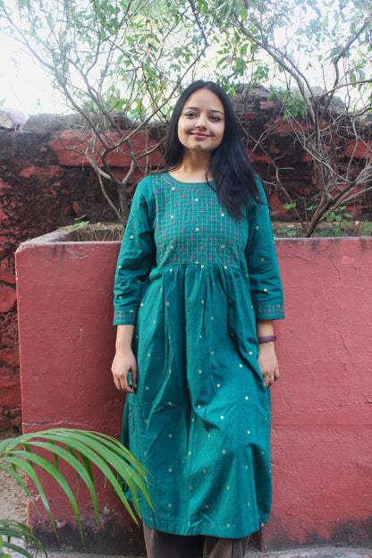 Cotton Hand embroidered Golden Buti Kurta - Turquoise