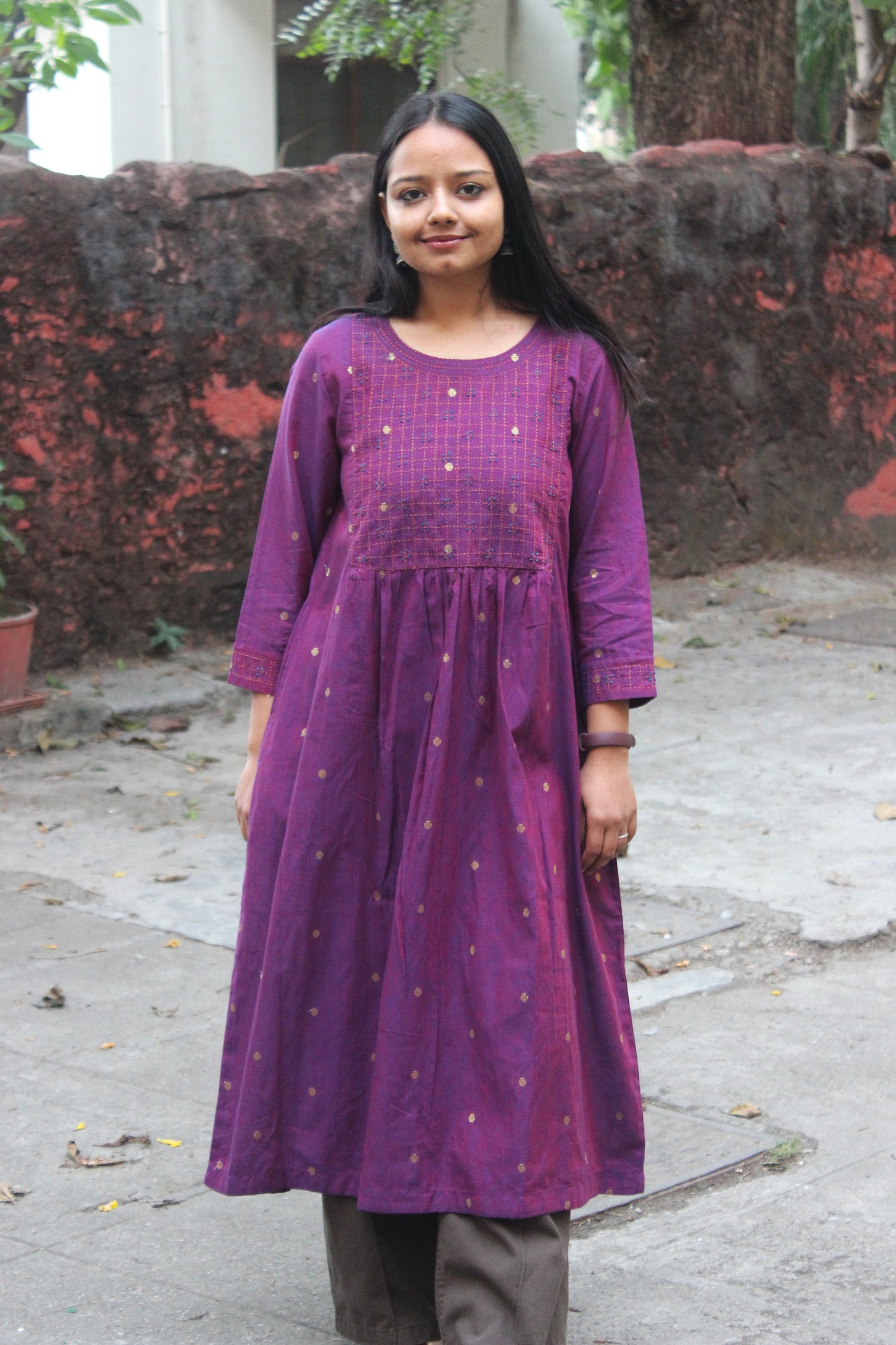 Cotton Hand embroidered Golden Buti Kurta - Magenta