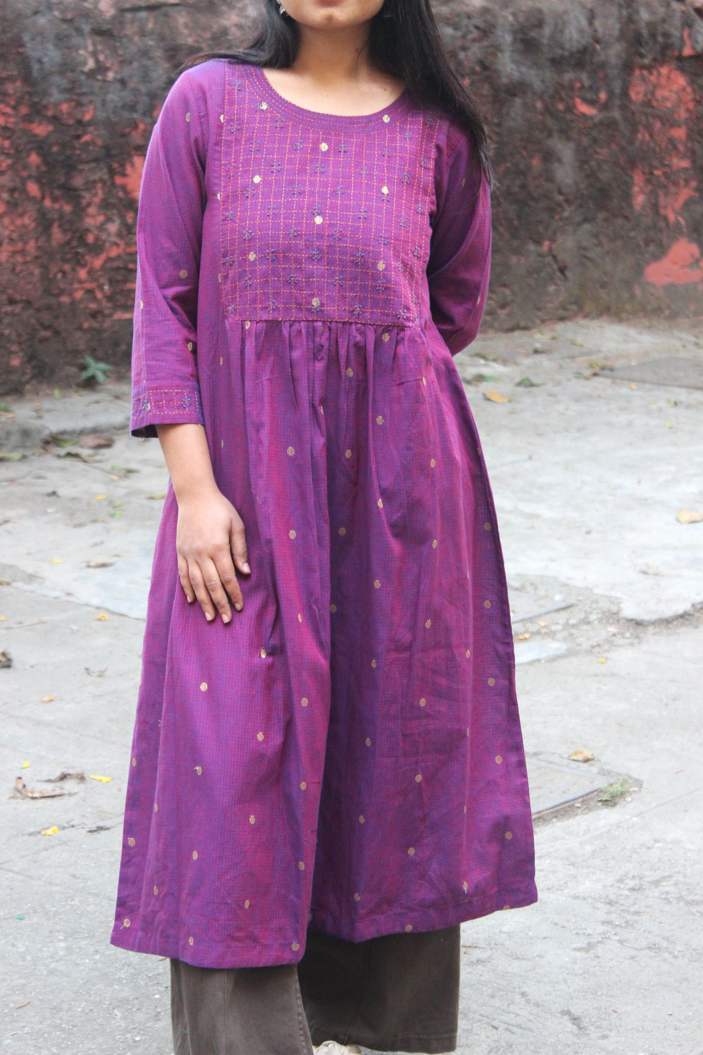Cotton Hand embroidered Golden Buti Kurta - Magenta