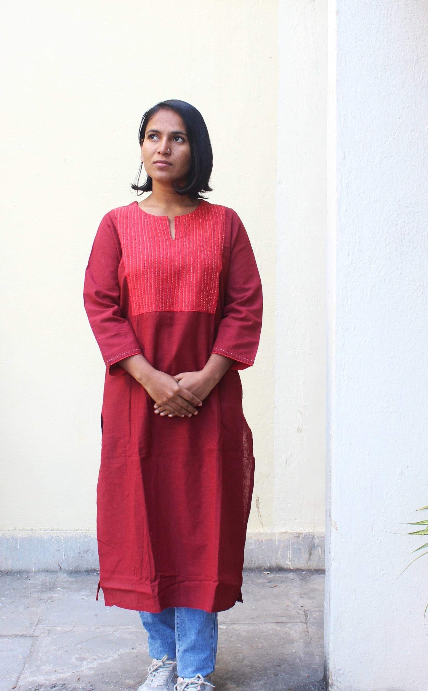 Maroon Cotton Kurta with Tanka Embroidery