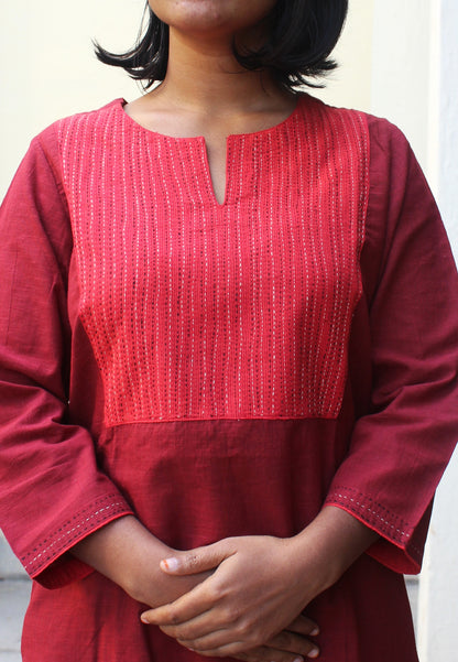 Maroon Cotton Kurta with Tanka Embroidery