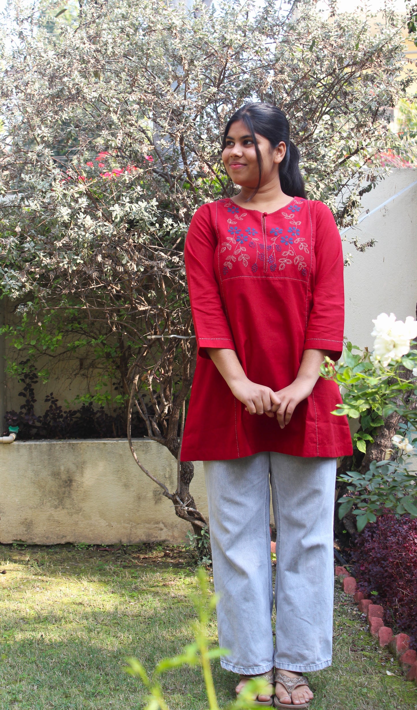 Red Flora Short Kurta