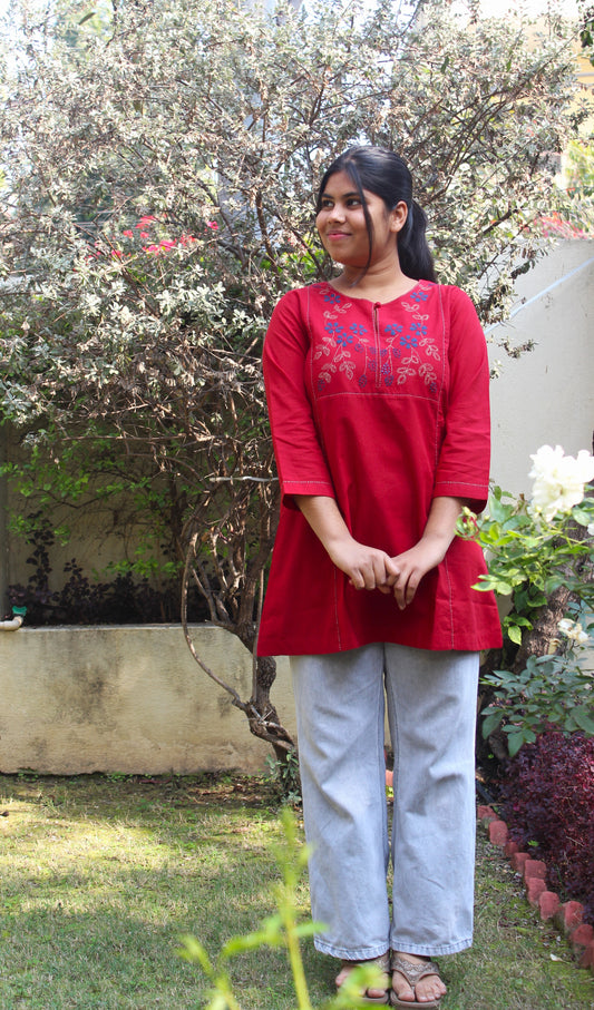 Red Flora Short Kurta