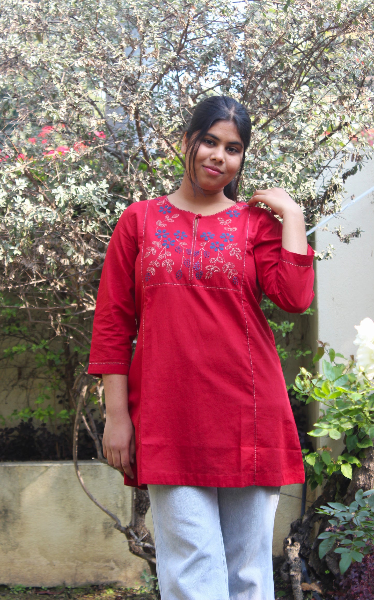 Red Flora Short Kurta