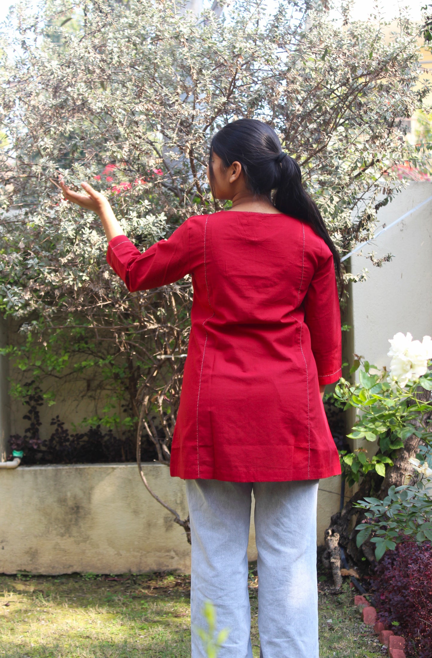 Red Flora Short Kurta