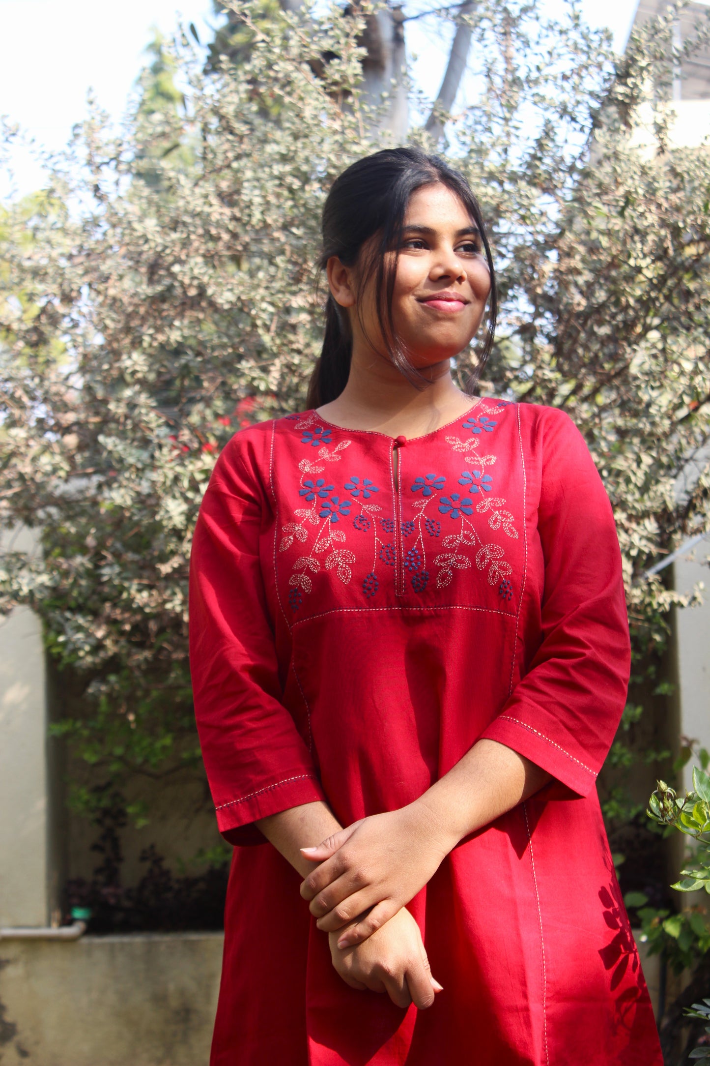 Red Flora Short Kurta