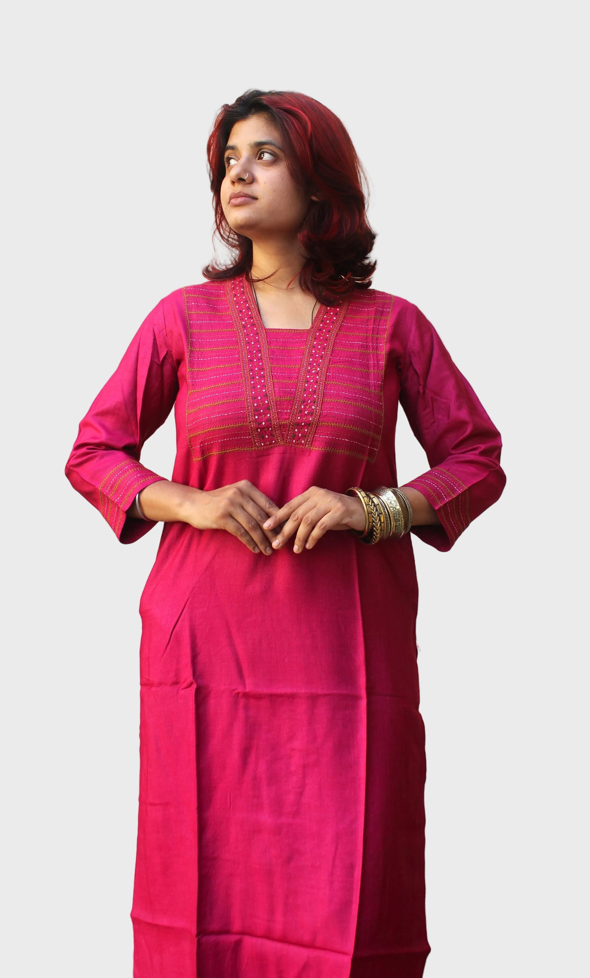 rani pink silk kurta with hand embroidery