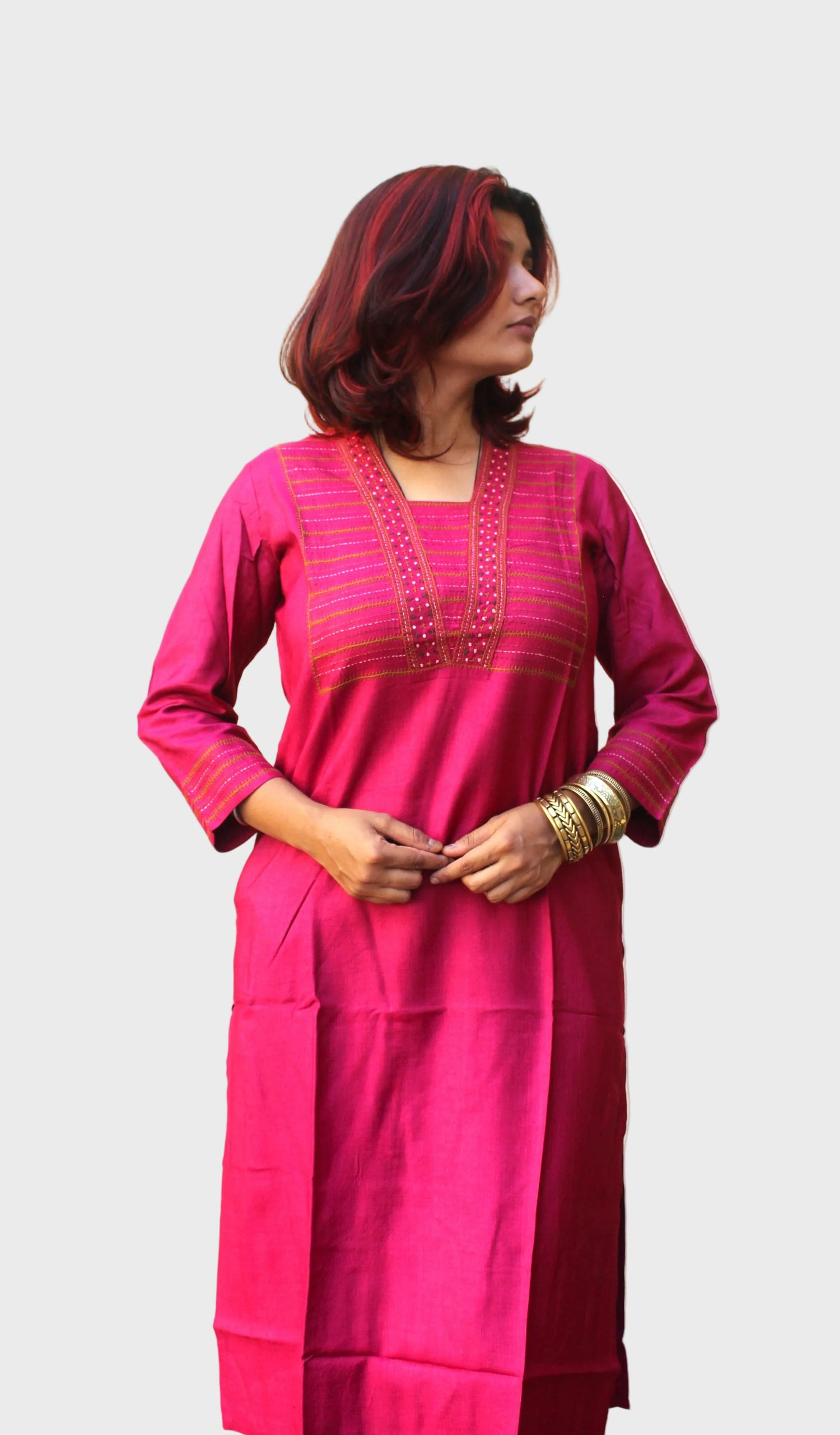 rani pink silk kurta with hand embroidery