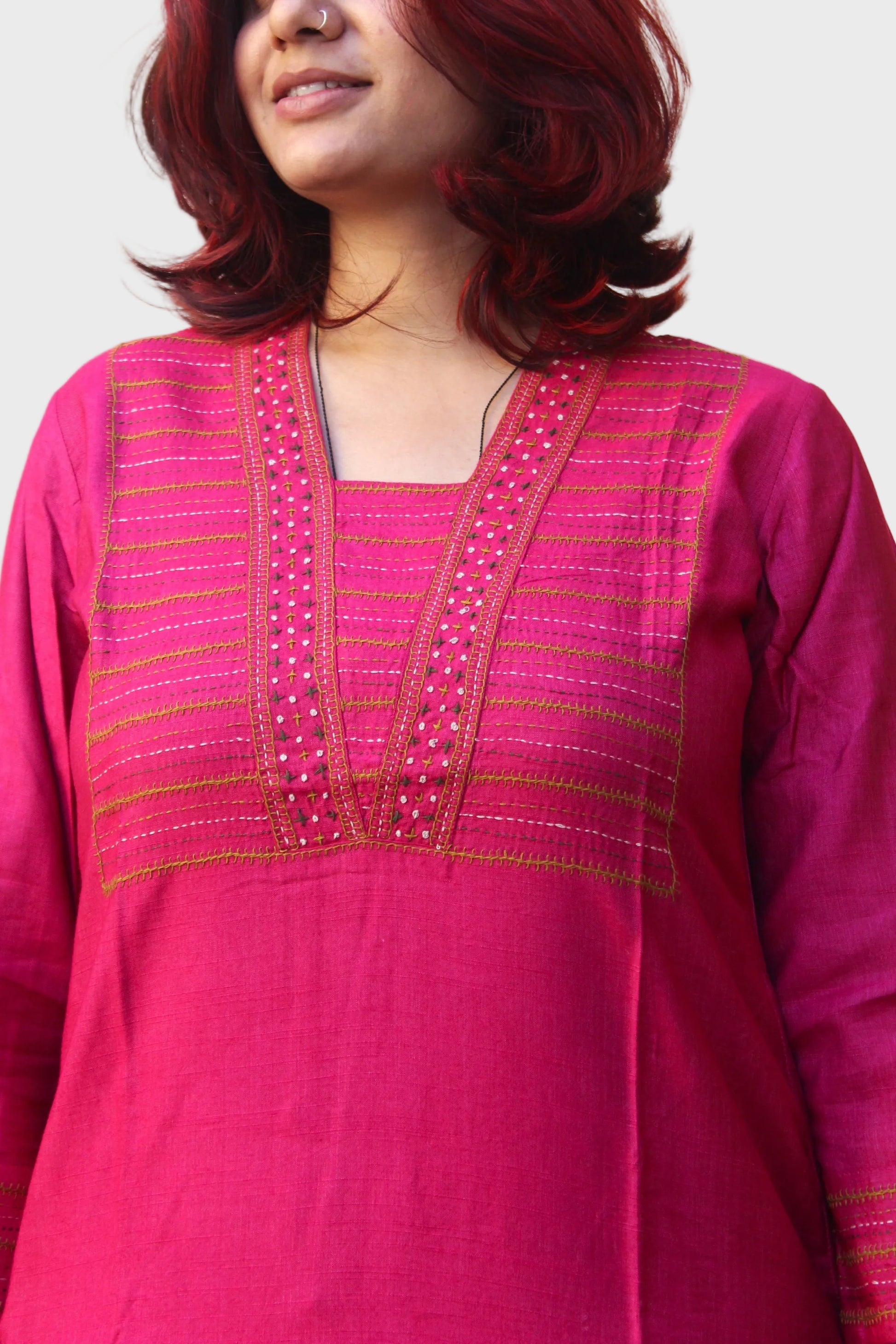rani pink silk kurta with hand embroidery
