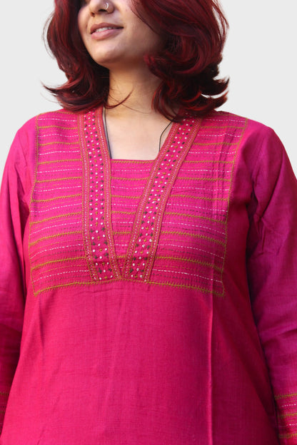 rani pink silk kurta with hand embroidery