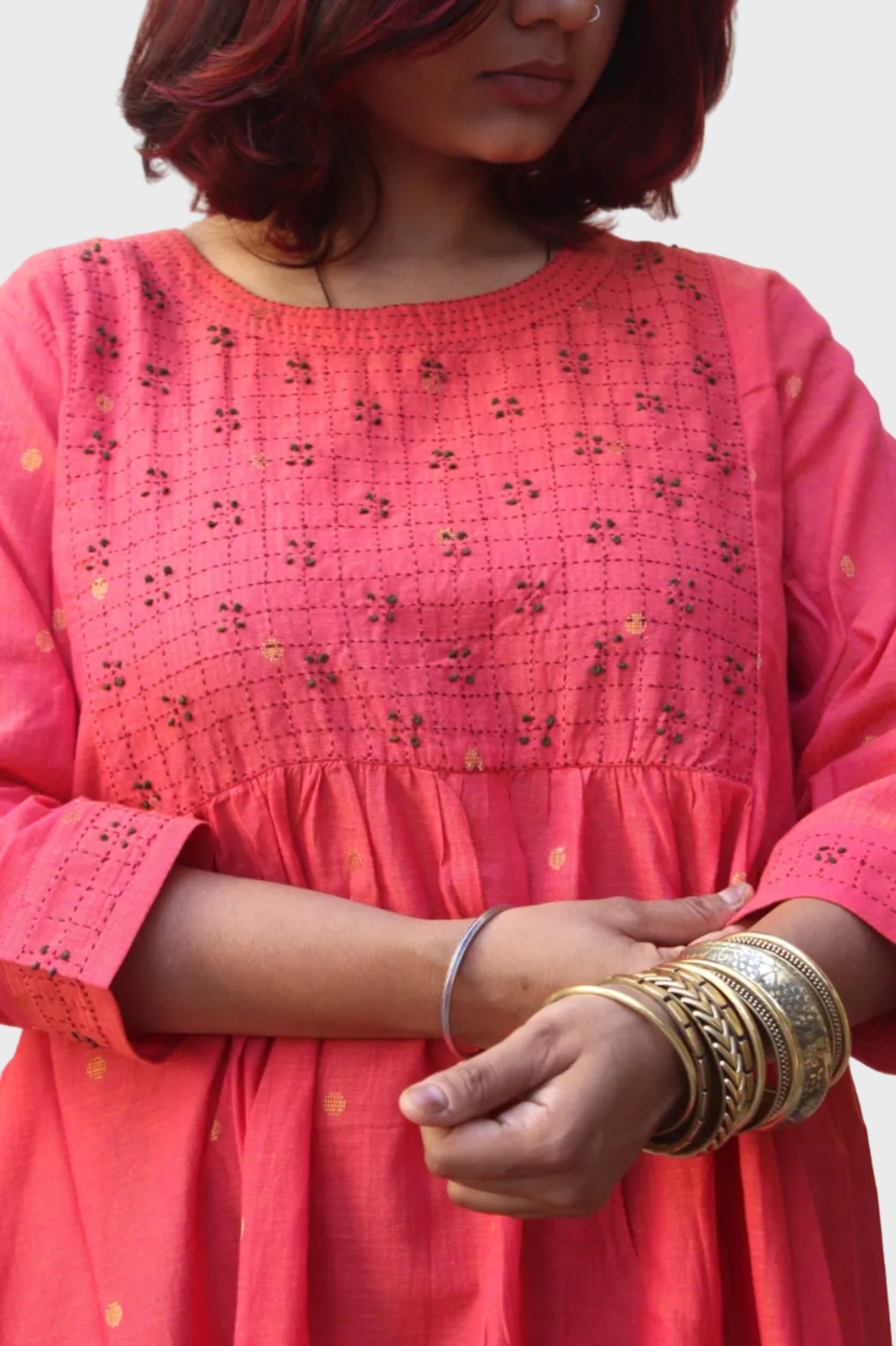 cotton kurta with golden butti and hand embroidery