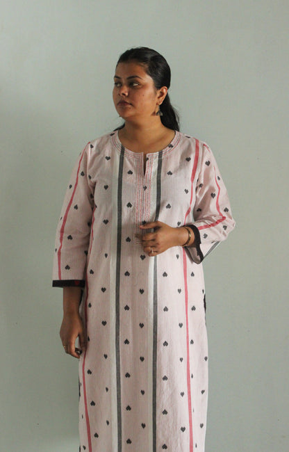 White Striped Cotton Kurta with Heart Motifs
