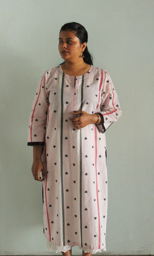 White Striped Cotton Kurta with Heart Motifs