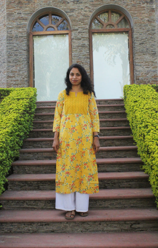 Yellow Hand Block Print Straight Cotton Kurta