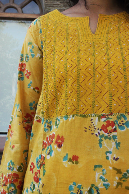 Yellow Hand Block Print Straight Cotton Kurta
