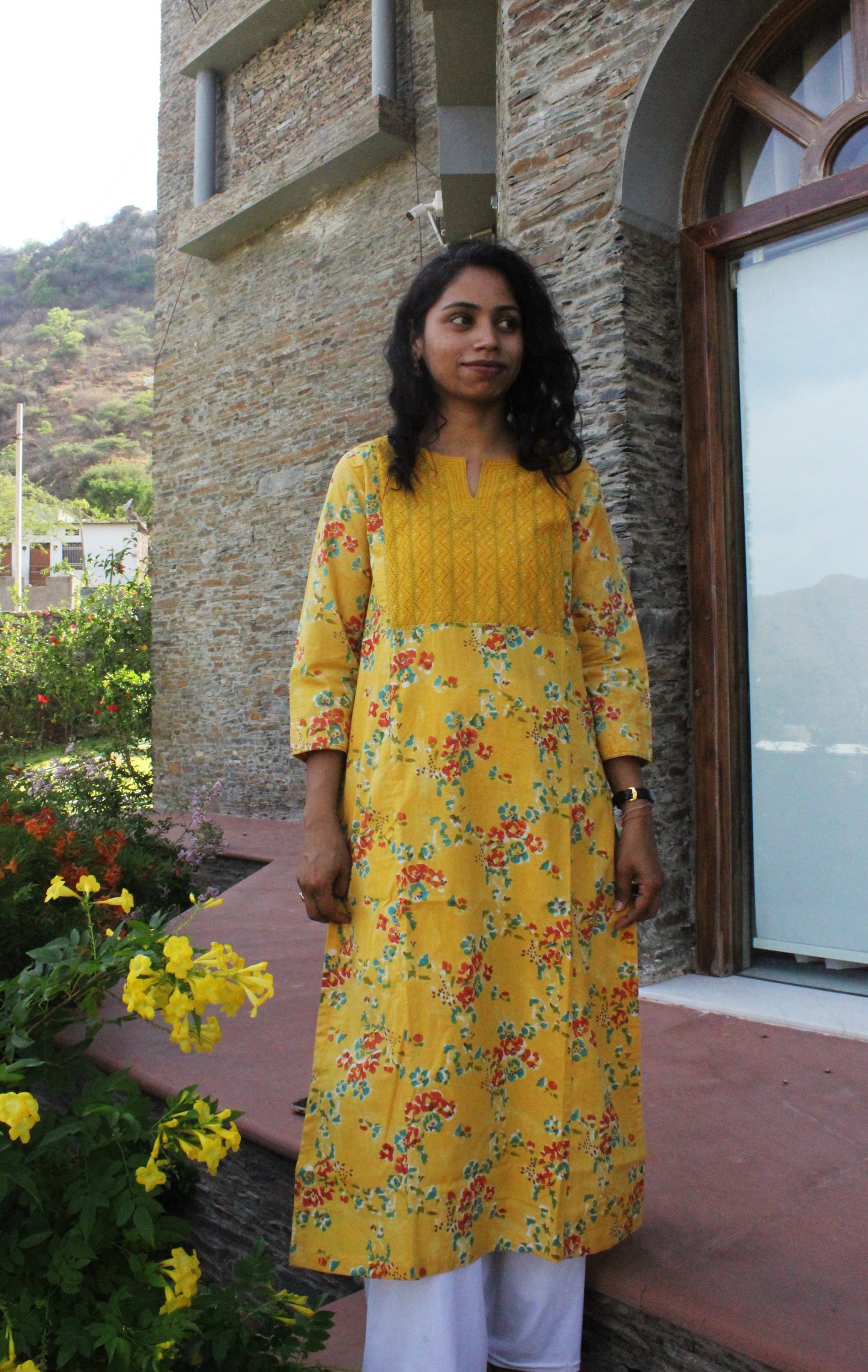 Yellow Hand Block Print Straight Cotton Kurta