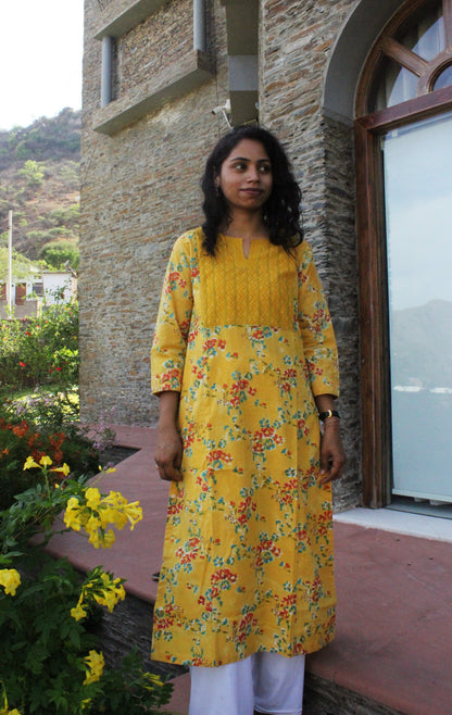 Yellow Hand Block Print Straight Cotton Kurta