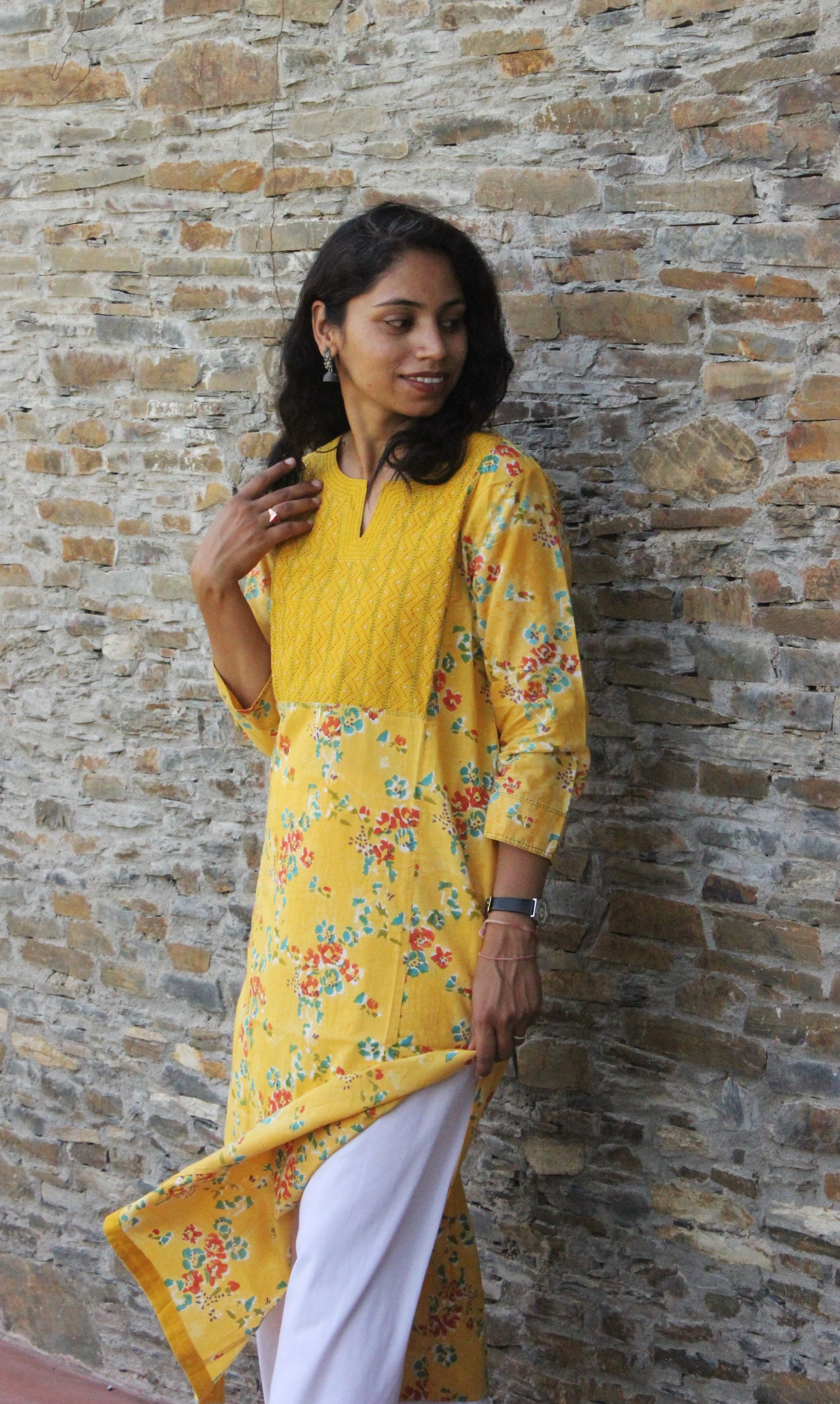 Yellow Hand Block Print Straight Cotton Kurta