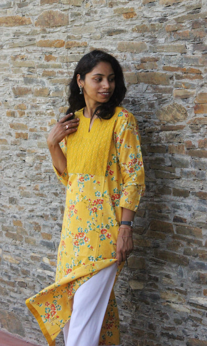 Yellow Hand Block Print Straight Cotton Kurta