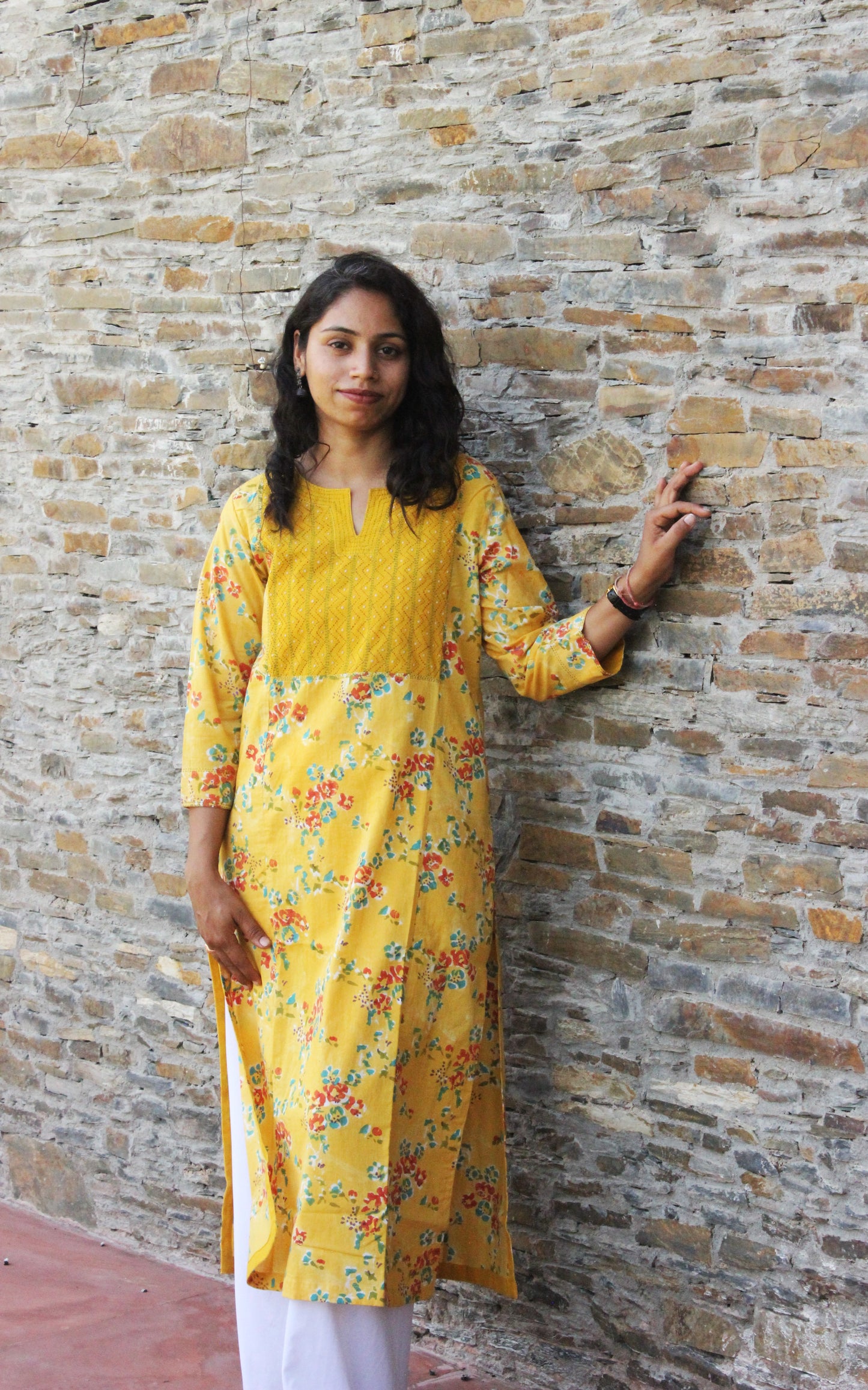 Yellow Hand Block Print Straight Cotton Kurta