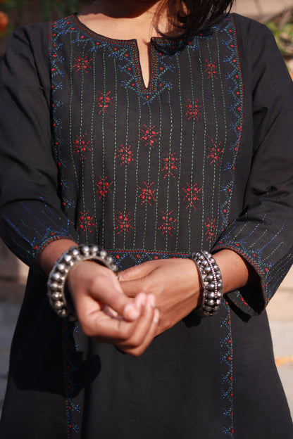 Sadhna Black Jatropha Tanka Embroidered Kurta