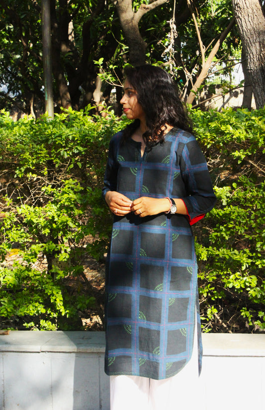Dark Blue Hand Embroidered Cotton Kurta