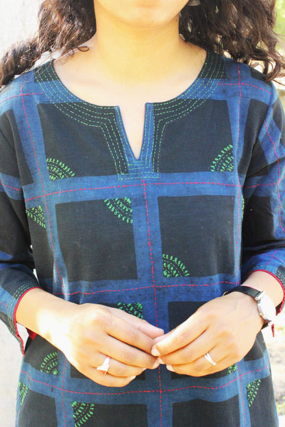 Dark Blue Hand Embroidered Cotton Kurta