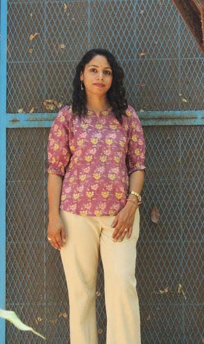 Mauve Pink Floral Block Print Peplum Top