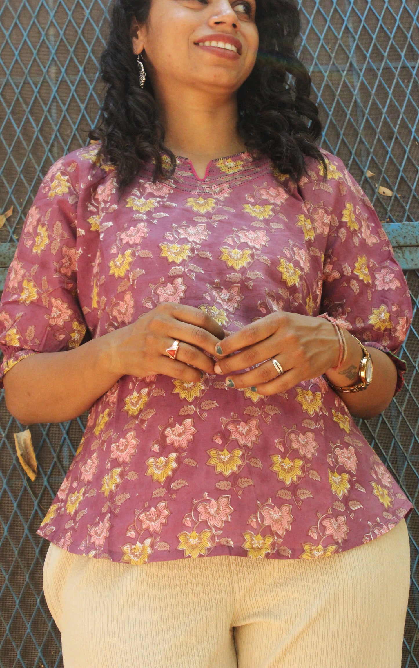 Mauve Pink Floral Block Print Peplum Top