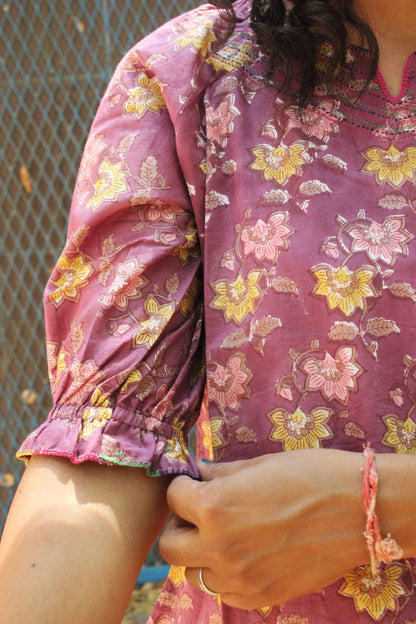 Mauve Pink Floral Block Print Peplum Top