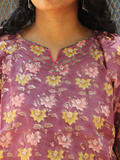 Mauve Pink Floral Block Print Peplum Top