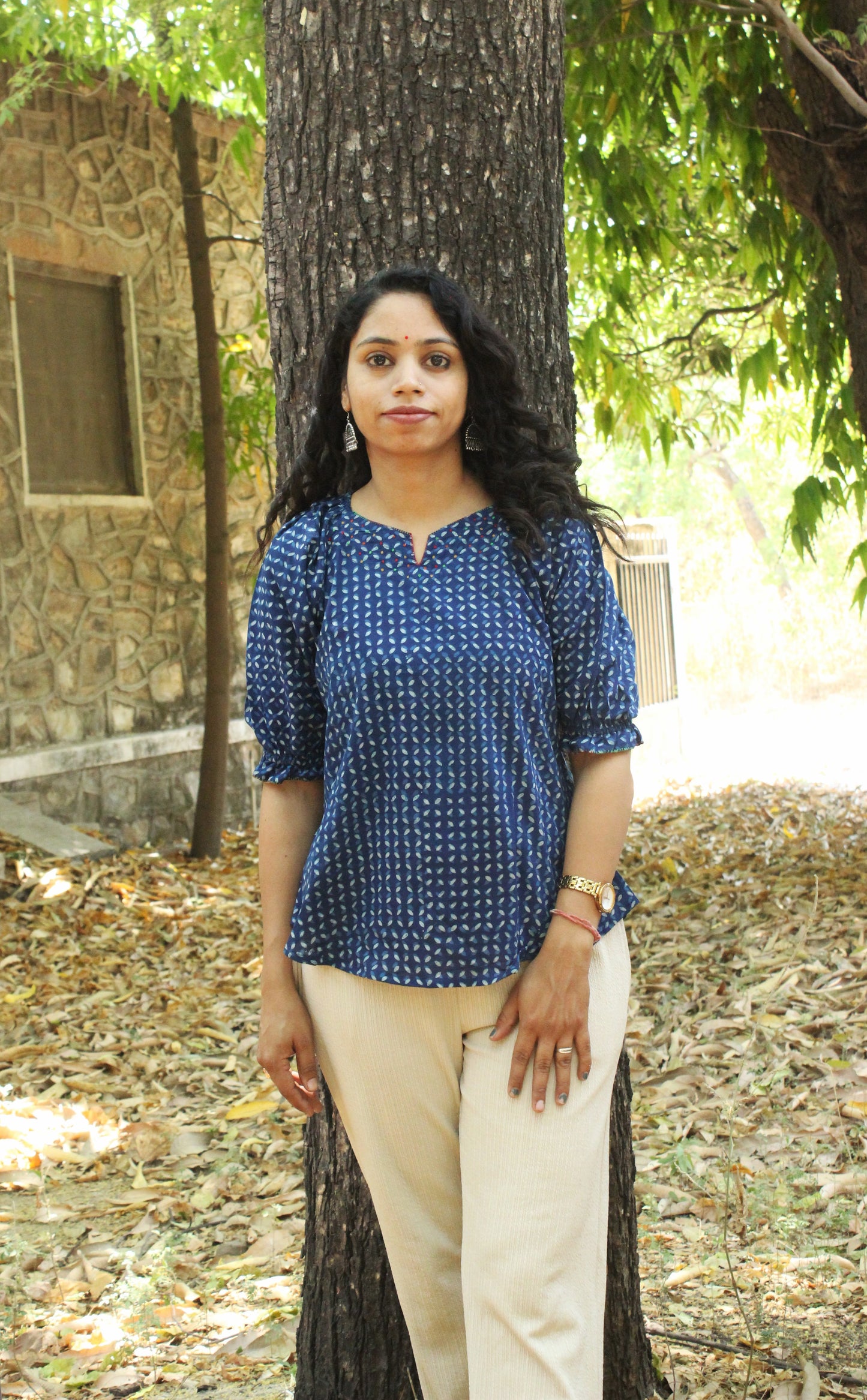 Indigo Buti Block Print Peplum Top