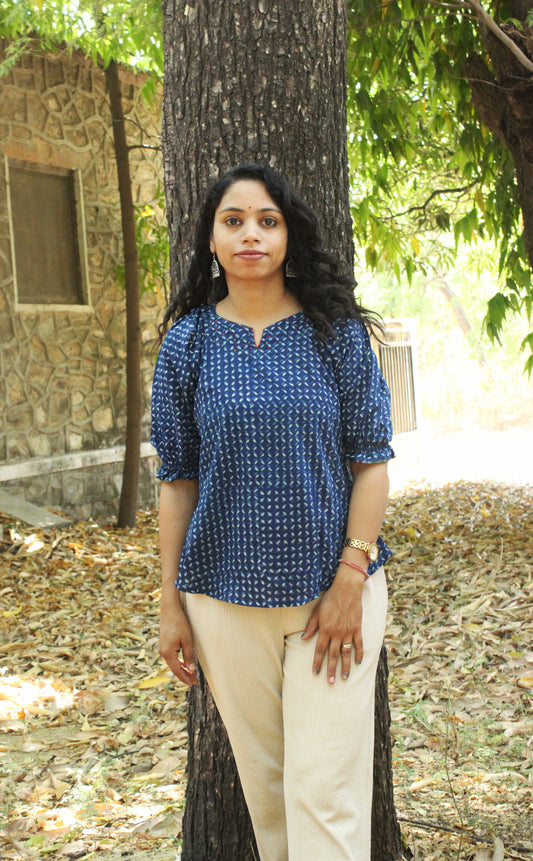 Indigo Buti Block Print Peplum Top