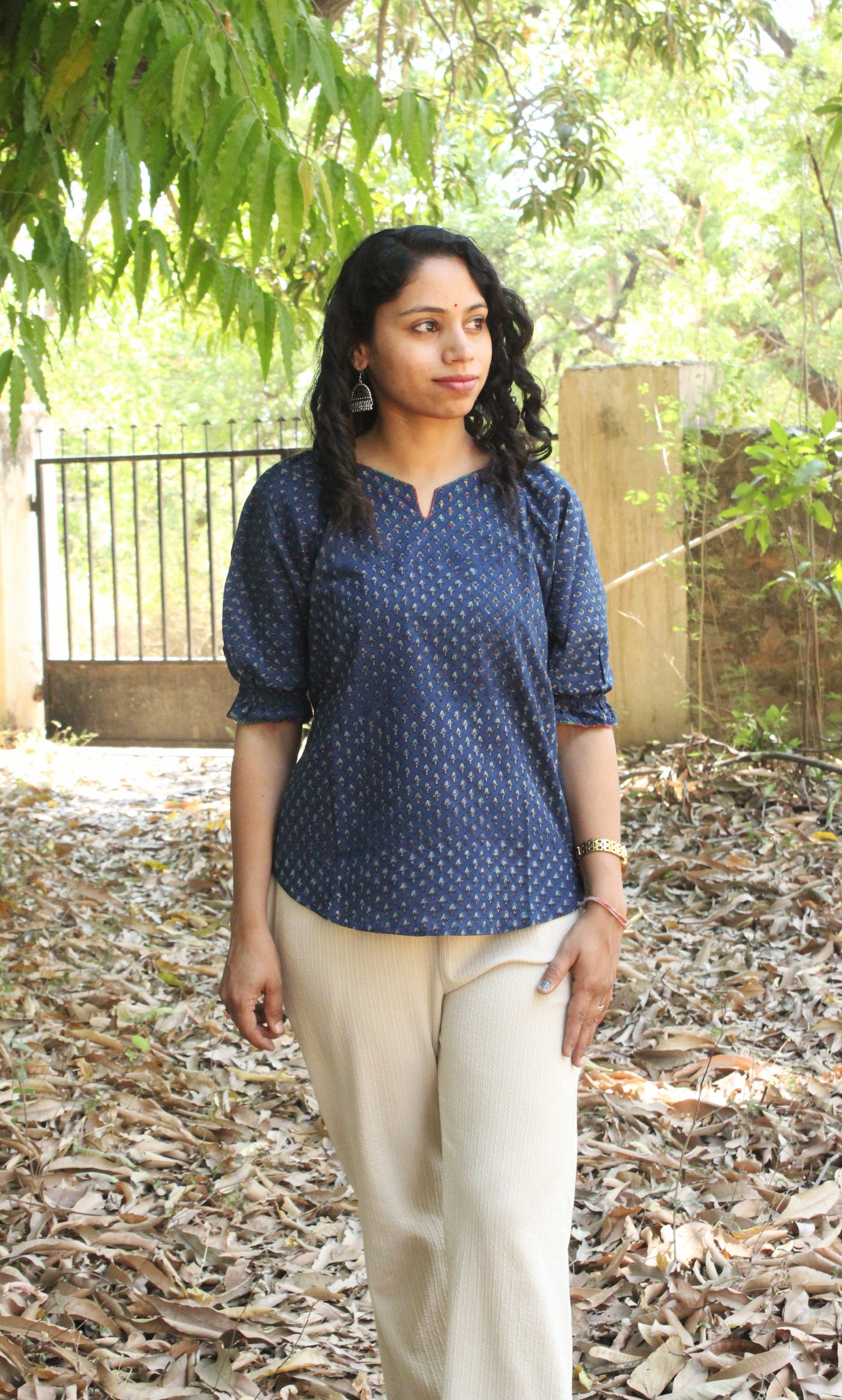 Deep Indigo Block Print Peplum Top