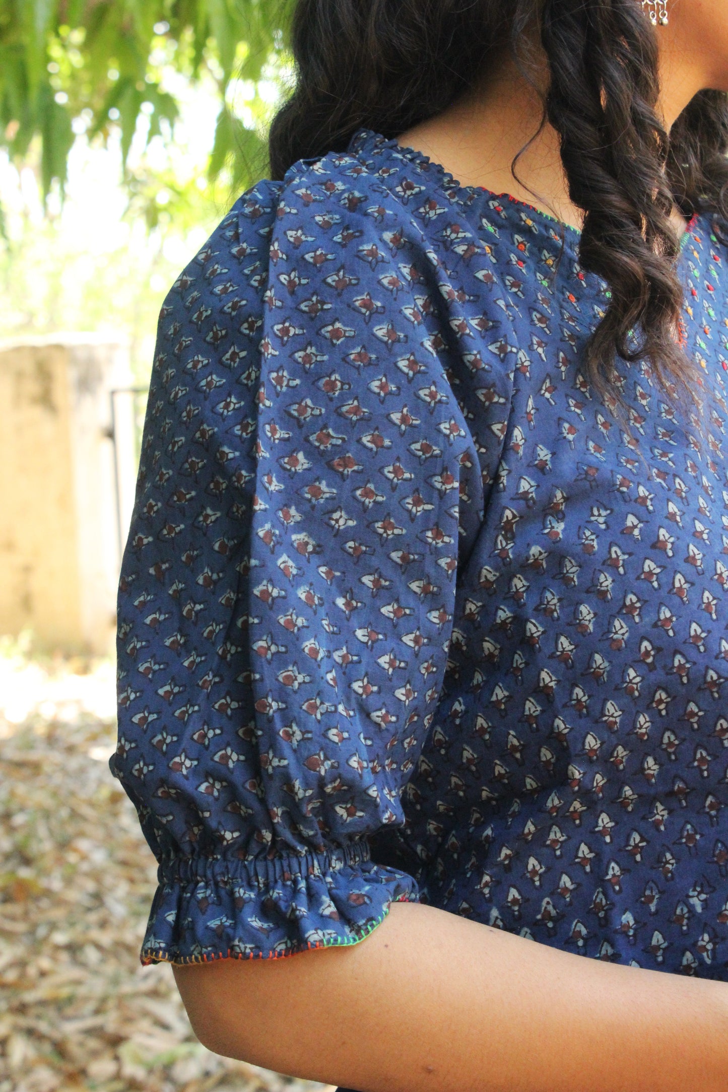 Deep Indigo Block Print Peplum Top