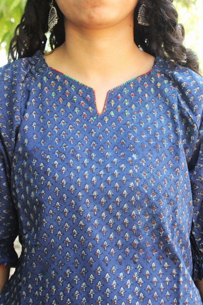 Deep Indigo Block Print Peplum Top