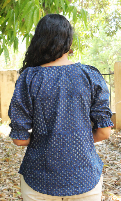 Deep Indigo Block Print Peplum Top