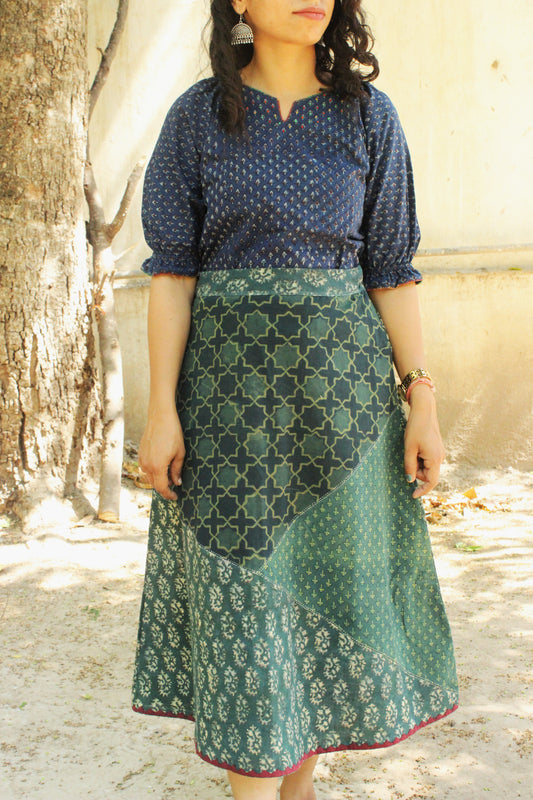 Cotton Block Printed A-Line Midi Skirt