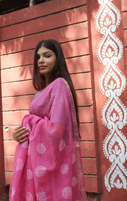 Kota Doriya Hand Embroidered Saree - Pink