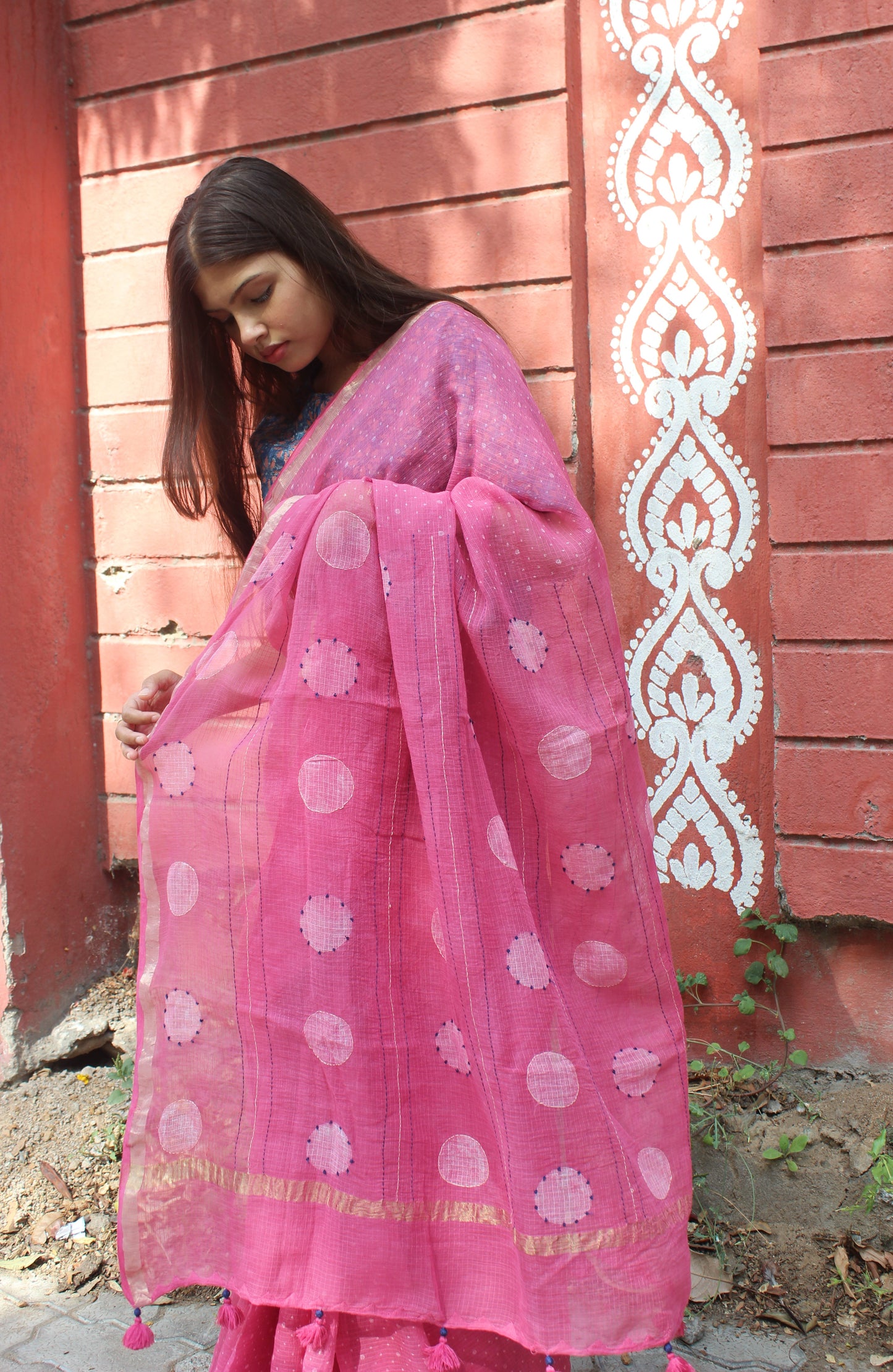Kota Doriya Hand Embroidered Saree - Pink