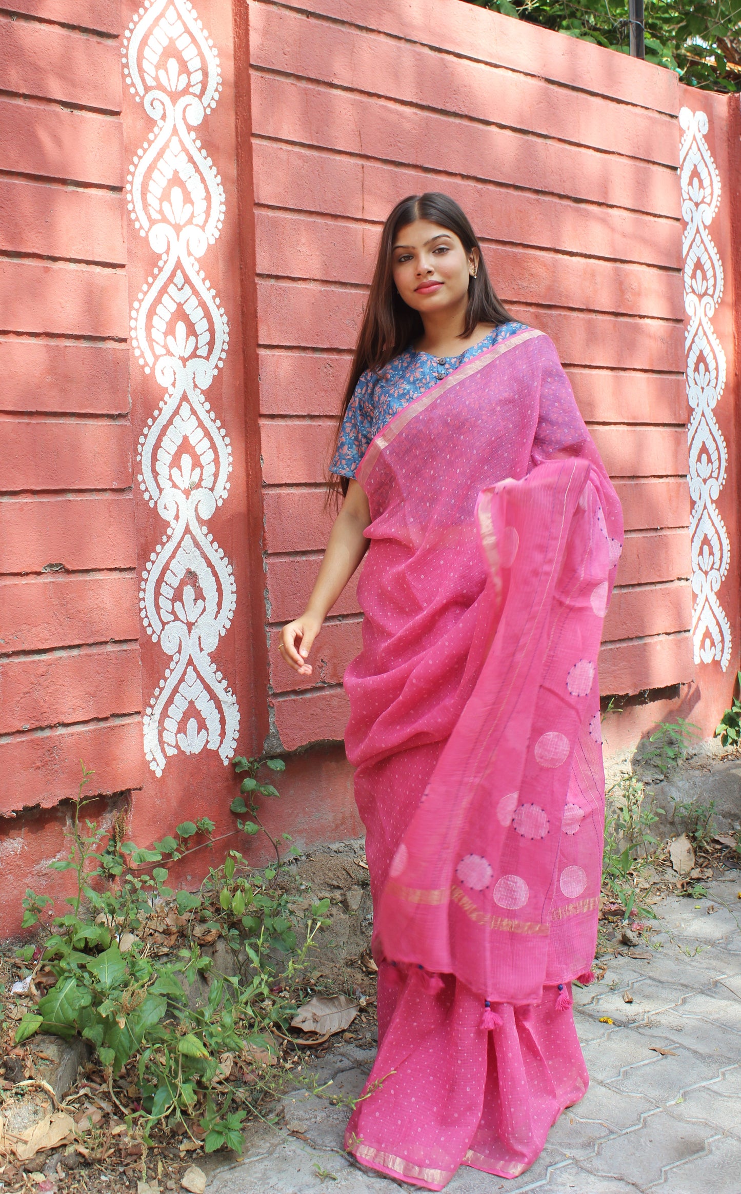 Kota Doriya Hand Embroidered Saree - Pink