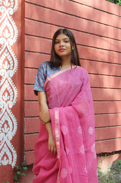 Kota Doriya Hand Embroidered Saree - Pink