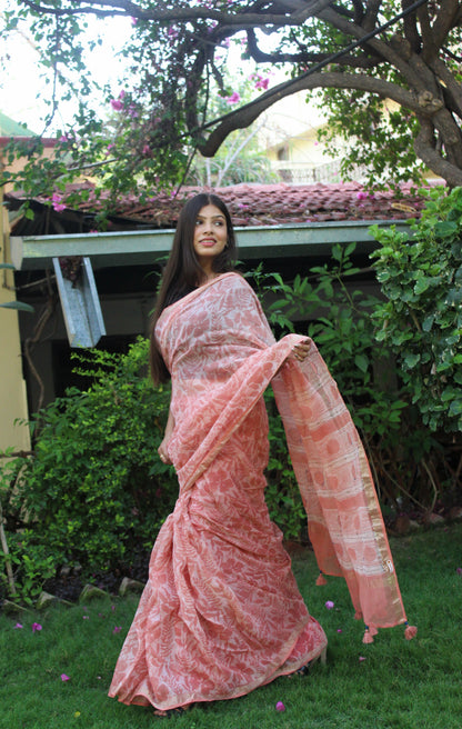 Kota Doriya Hand Embroidered Saree - Peach