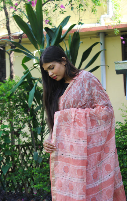 Kota Doriya Hand Embroidered Saree - Peach