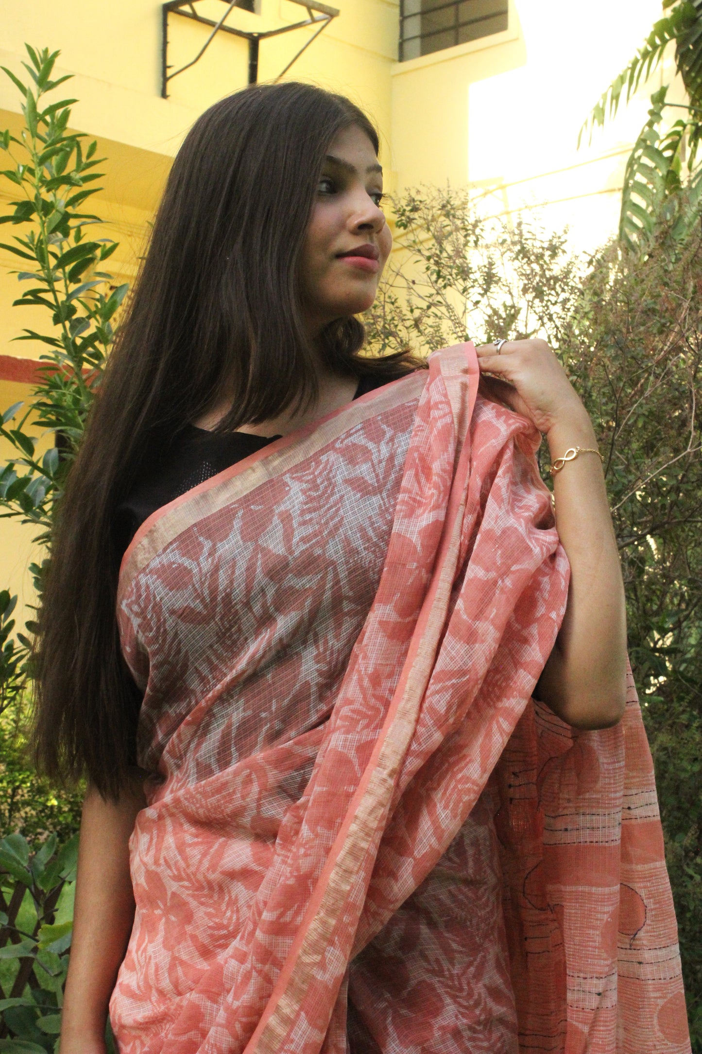 Kota Doriya Hand Embroidered Saree - Peach