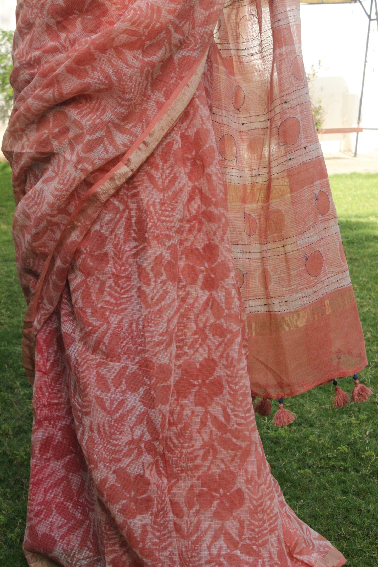 Kota Doriya Hand Embroidered Saree - Peach