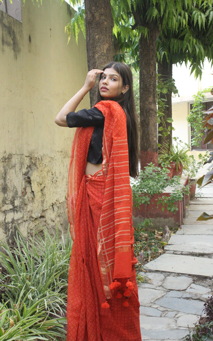 Kota Doriya Hand Embroidered Saree - Orange